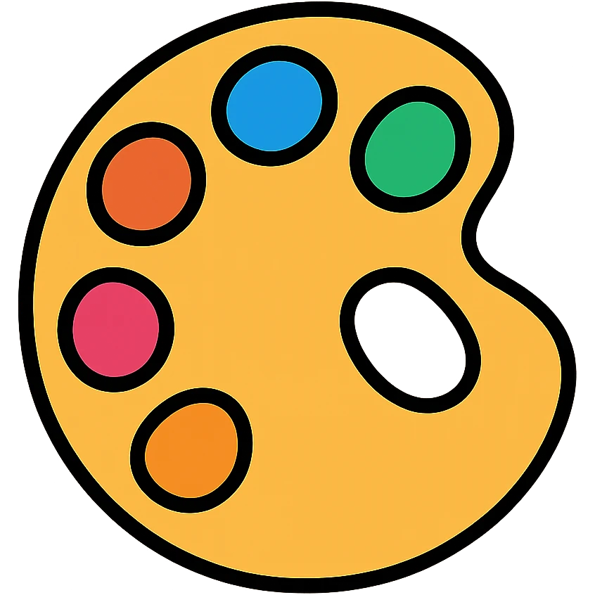Colorful artist's palette with vibrant paint blobs and a thumb hole. Colorful outlined icon style with transparent background. emoji