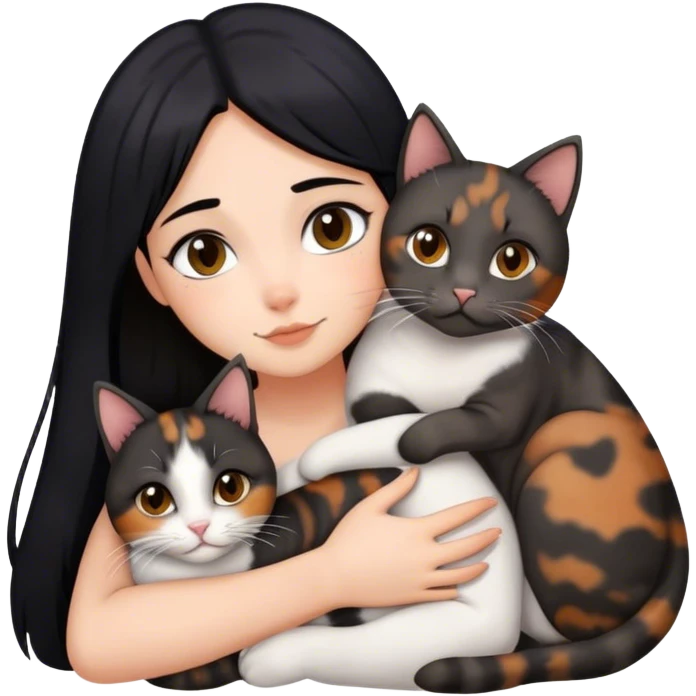 girl with black hair hugging three cats  (tortie cat, dark gray cat, brown calico cat) emoji