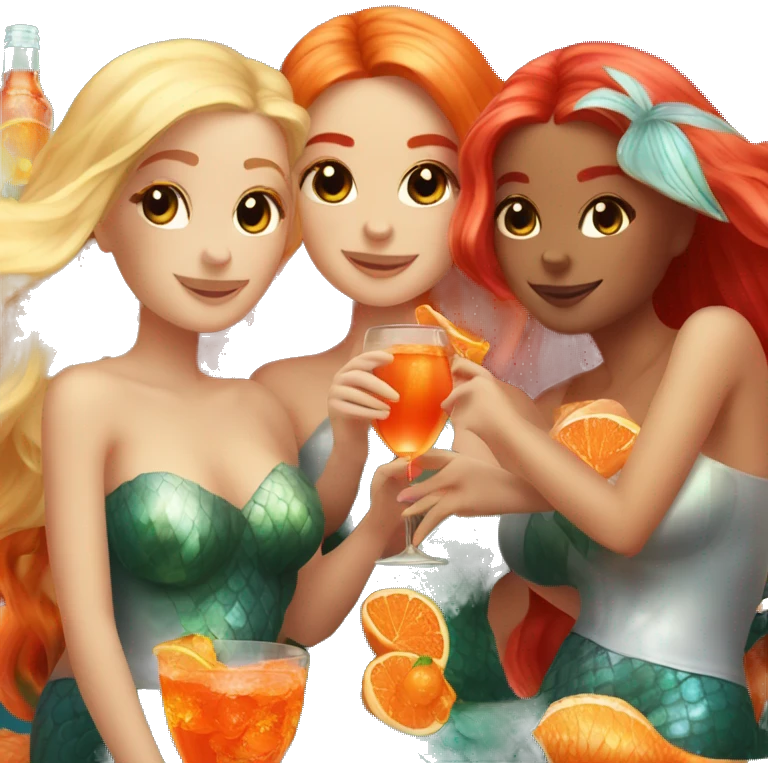 Three beautiful mermaids (one blond, one brown and one red hair) drinking aperol emoji