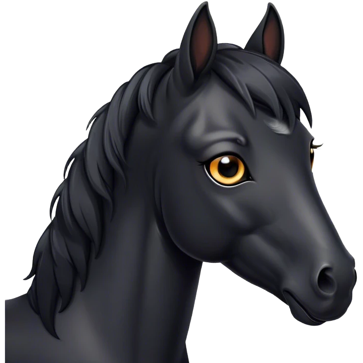 Cinematic Cute Black Horse Portrait Emoji, Head tilted playfully and inquisitively, showcasing a glossy black fur with a striking sheen and expressive dark eyes filled with curiosity, Simplified yet irresistibly adorable features, highly detailed, glowing with a warm, friendly glow, high shine, affectionate and spirited, stylized with a touch of whimsy, bright and endearing, soft glowing outline, capturing the essence of a mischievous yet loving horse, so playful it feels like it could trot out of the screen and into your arms! emoji