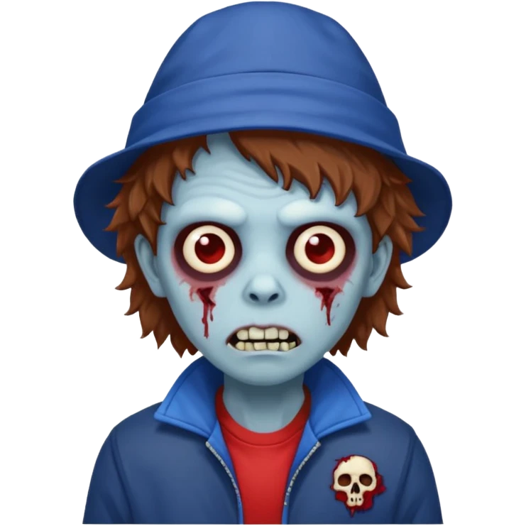 brown fluffy hair zombie with blue and white hat dark blue jilet red t shirt emoji