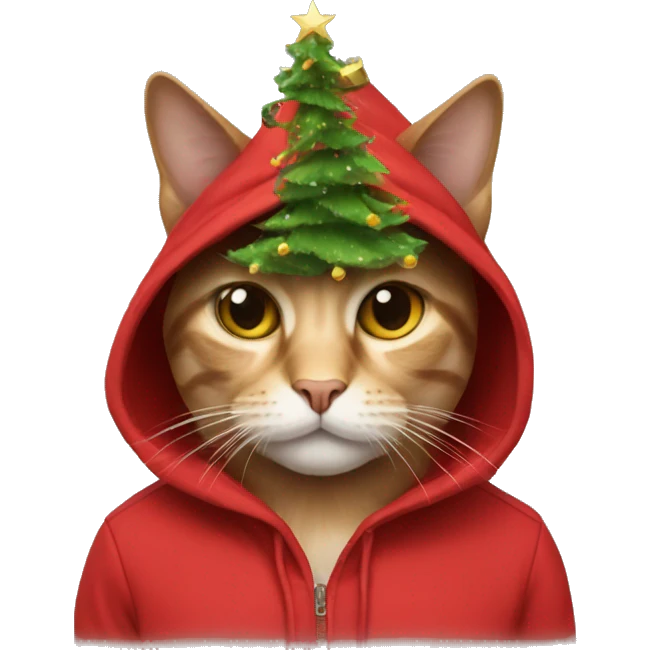 cat wearing a red hoddie with christmastree hat emoji