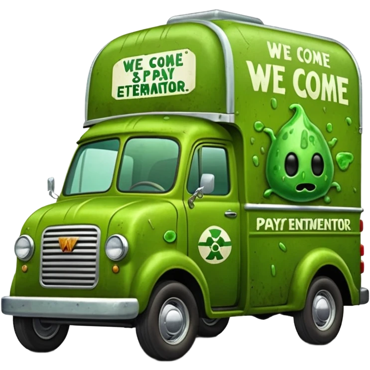 Heroic  SuperBug Ron’s slime-oozing exterminator antique tall moving van hot rod(motto: We come You pay) emoji