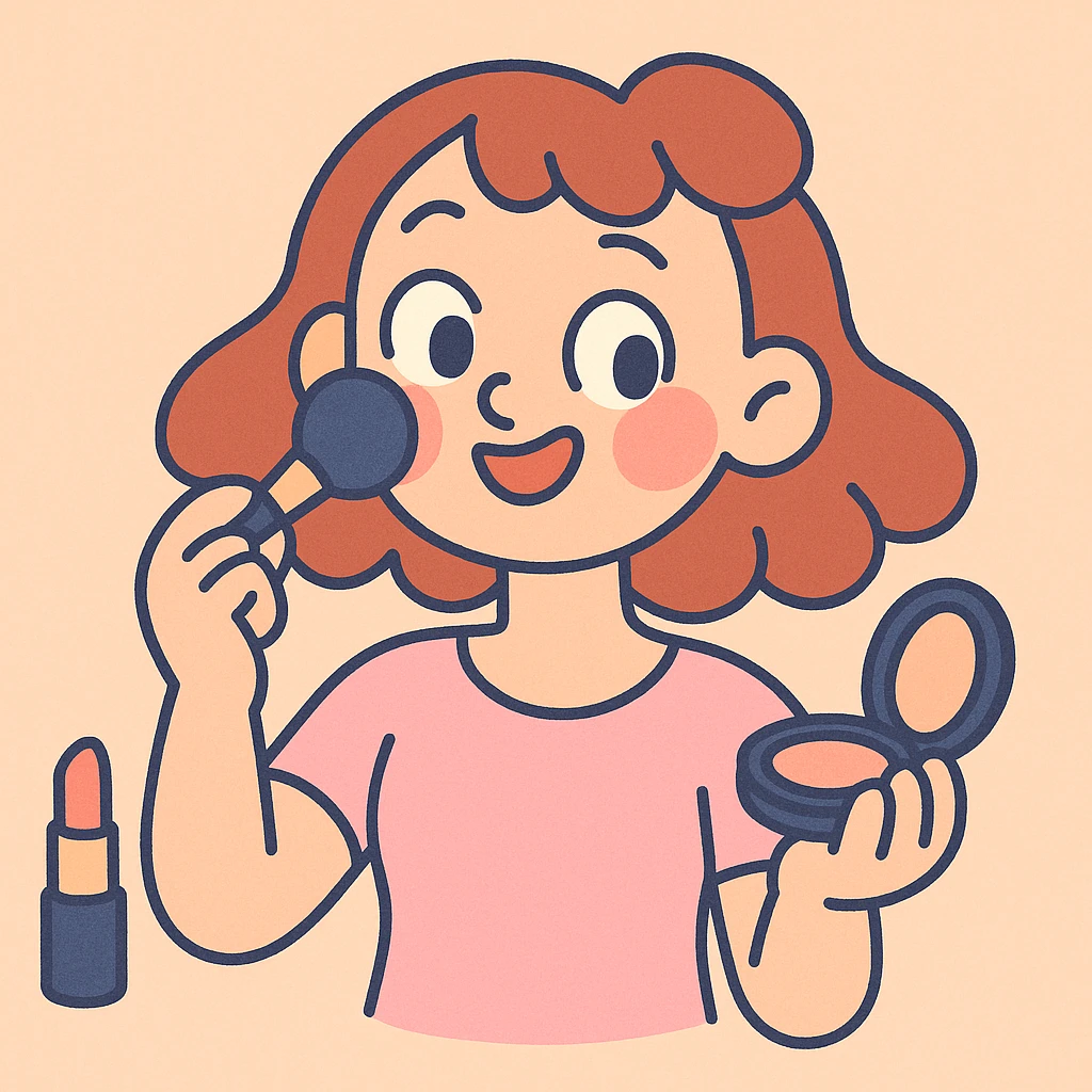 ragazza che si trucca, stile cartoon, linee morbide, colori pastello emoji