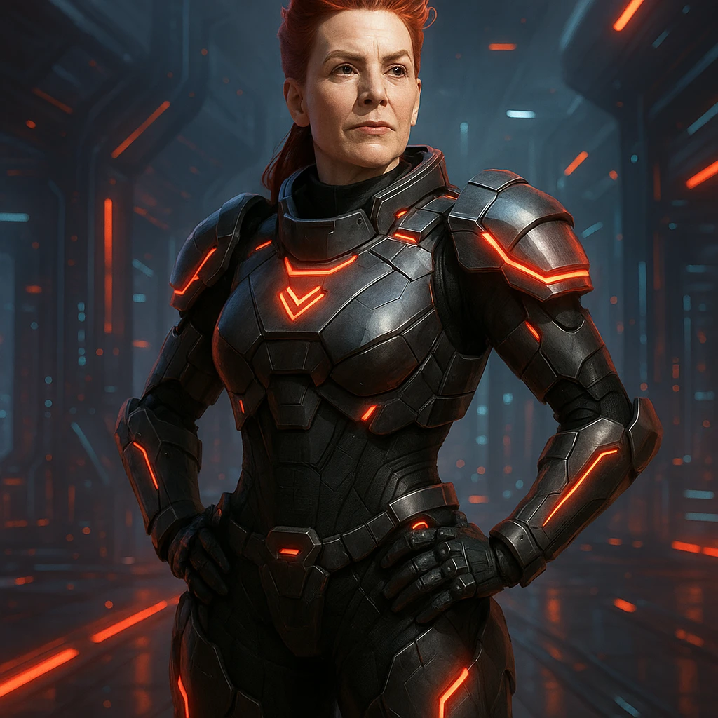 Scarlet Duke from the future, futuristic armor with glowing red accents, confident pose, sci-fi setting emoji