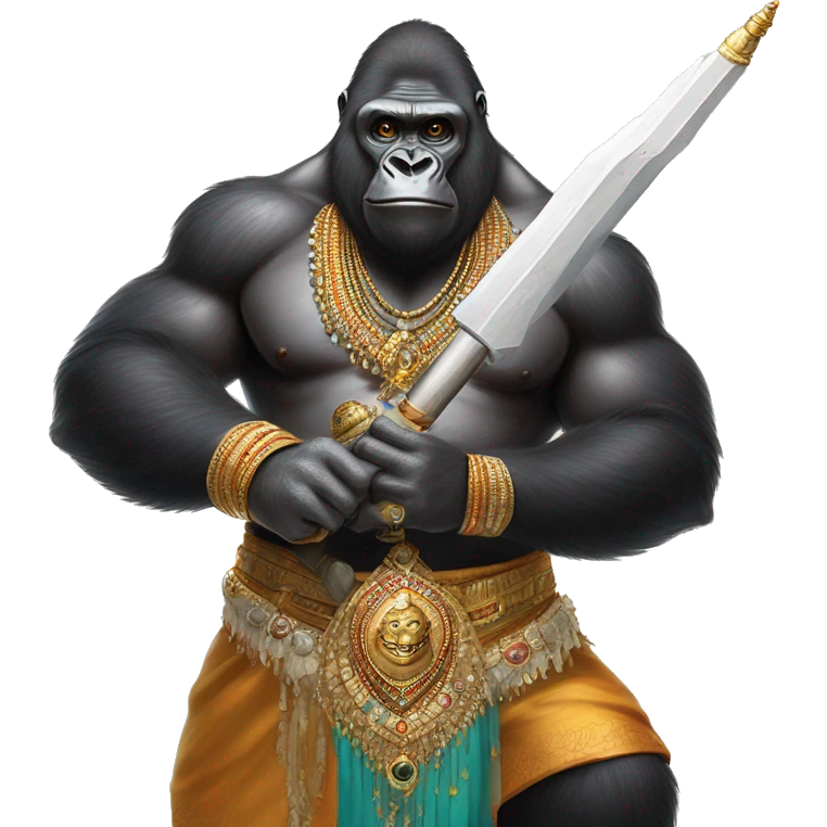 male gorilla with indian male jewellery and  indian traditional wear, holding a  huge weapon, humanoid, holding another  huge weapon  emoji