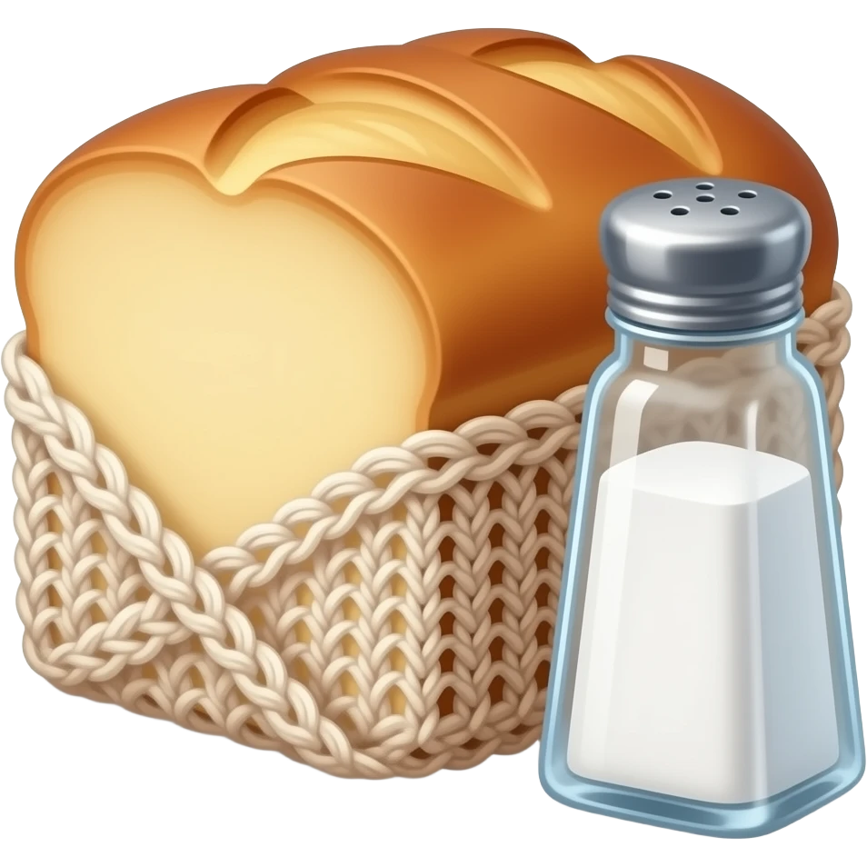 medieval style - a small cut-out peasant bread wrapped in crocheted fabric, next to which stands a large glass salt shaker emoji
