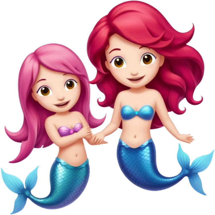 Cute iOS-style emoji of a pastel pink dolphin and a red-haired mermaid, smiling at each other. 
Simple vector emoji design, bold outlines, soft gradients, glossy look, centered, white background. emoji
