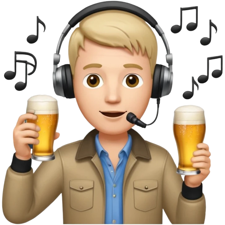 a white male radio presenter wearing headphones, speaking into a microphone, with a beer in his hand and musical notes around him emoji