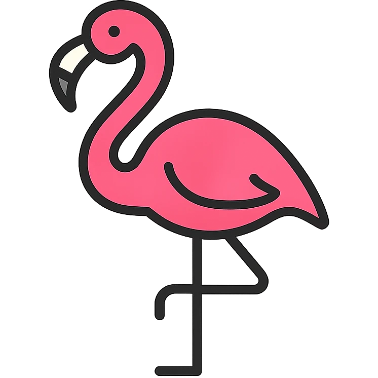 flamingo, color outline icon style, clean lines, black outlines, vibrant pink, minimal details emoji