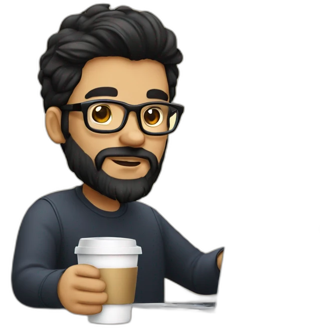 Designer with black hair, beard and glasses working with MacBook and drinking cappuccino  emoji
