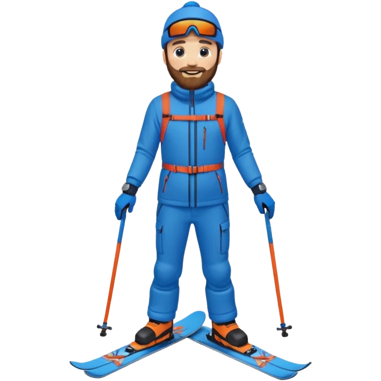 bearded man skiing down, blue outfit, smiling. full body view.  emoji