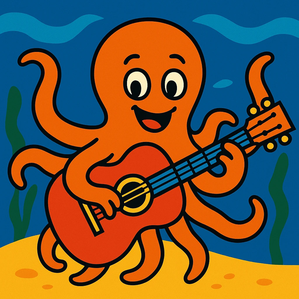 happy octopus with multiple arms playing guitar emoji