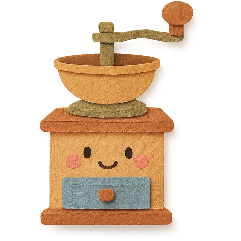 vintage coffee grinder, full body, cute face, hand-drawn soft pastel style emoji