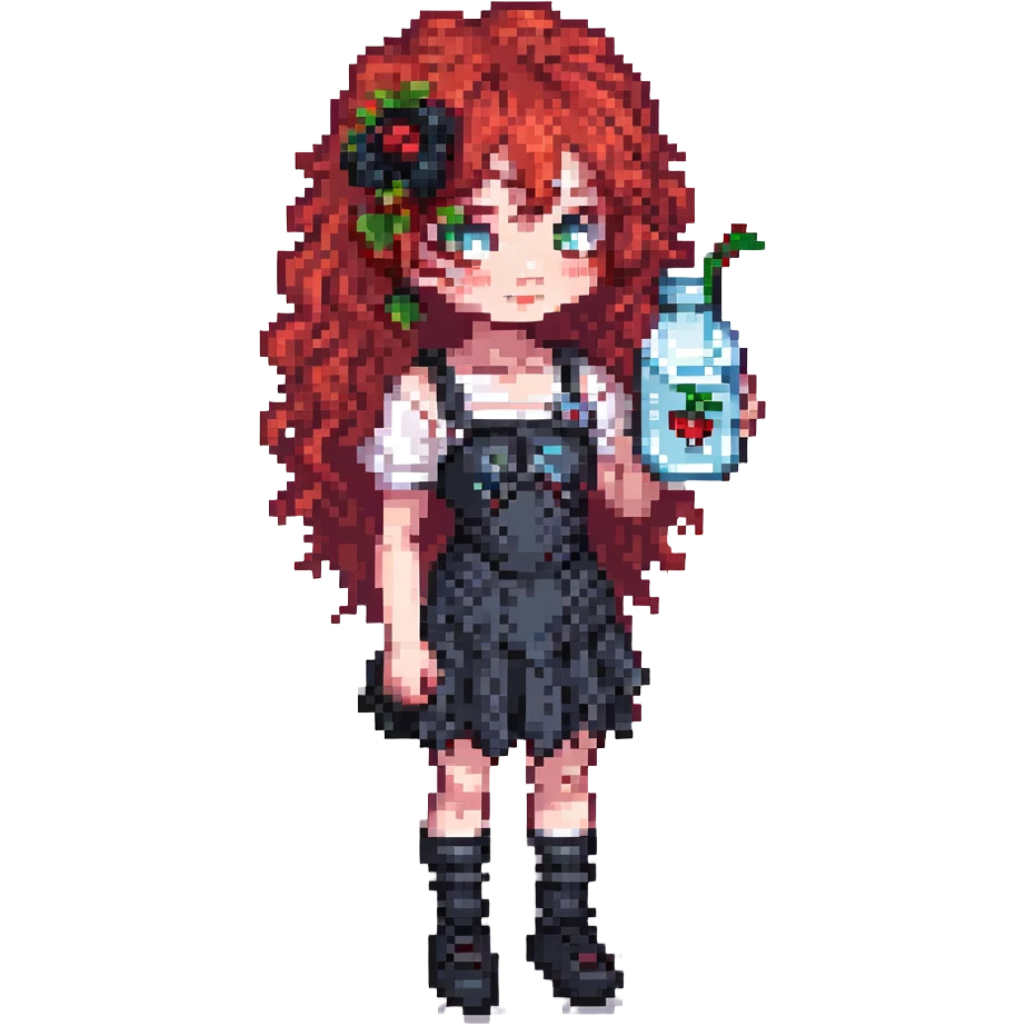 goth girl with red cherry curly hair holding a glass of water, pixel art style emoji