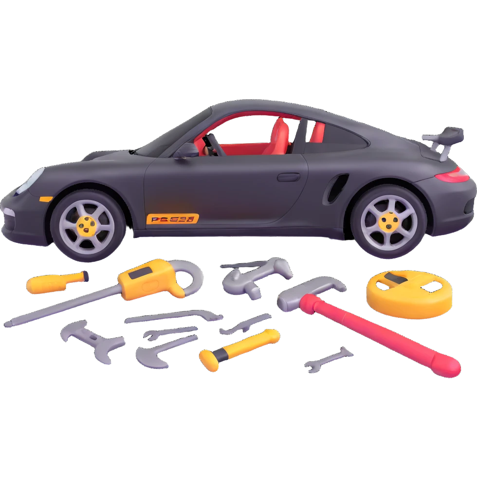 icon of a Porsche luxury car with a clearly visible dent or damage on the bodywork, with bodywork reconstruction tools like a lever, small hammer, and repair equipment positioned to show active repair, elegant and modern emoji