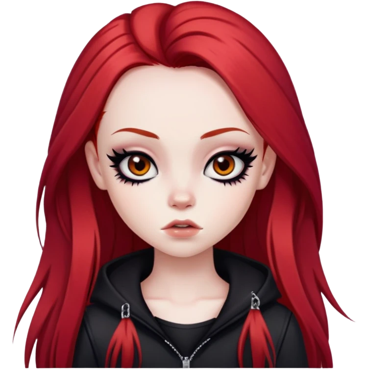 emo alternativ red long hair, pale skin,  brown iris, pretty bratz baddie, strong black eyeliner emoji