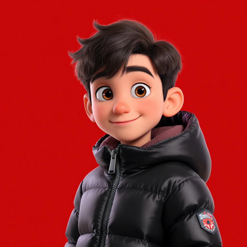 3d disney pixar character, young 18yo boy with dark brown hair, and a shiny black puffer balenciaga design jacket, brave smiling. The background is a solid red color emoji