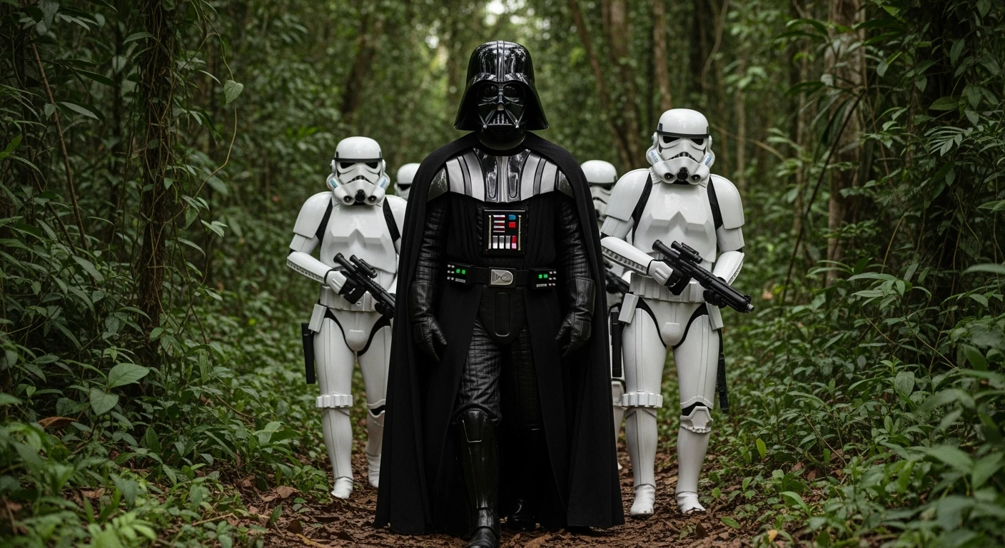 cinematic still, documentary photography, amazon jungle, well lit scene, Darth Vader around stormtroopers is exploring the jungle, close up, front shot, rule of thirds emoji