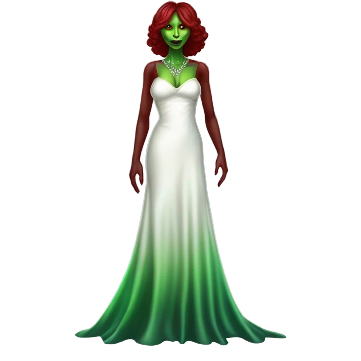 reptilian green alien woman, in long slim pastel color:#FFFFFF formal party satin dress with gradient shiny sparkling dark red, full figure, full body emoji