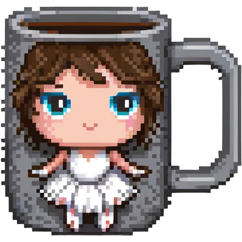coffee mug with eyes wearing a ballet outfit in pixel art style emoji