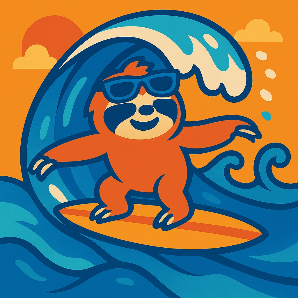 Add sunglasses to the sloth while surfing in a vibrant and playful style. emoji