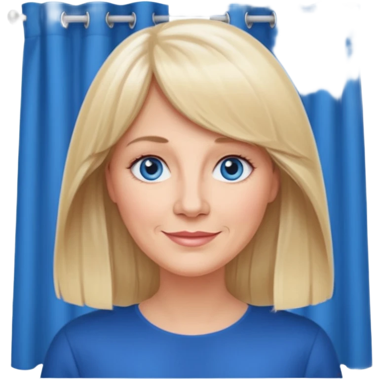 50 yr old white woman, curtain bangs, very long straight blond hair, oval face, small smile, blue eyes emoji