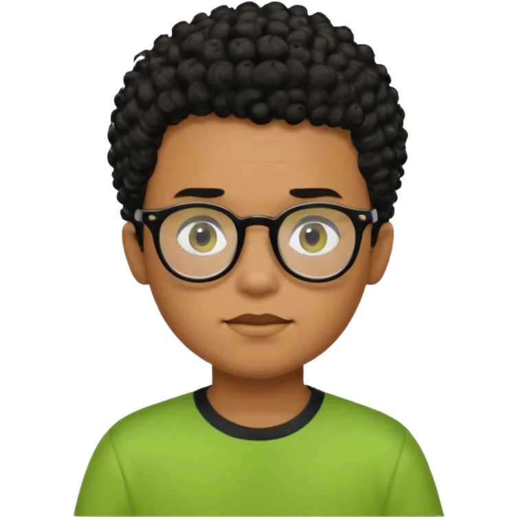 Menino pardo com cabelo curto cacheado preto raspado dos lados, de óculos preto e blusa verde e amarela emoji