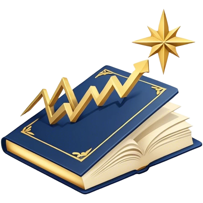 A navy blue productivity book with gold details, chart with upward trend aura, radiating productivity, strategy, and success in motion- emoji