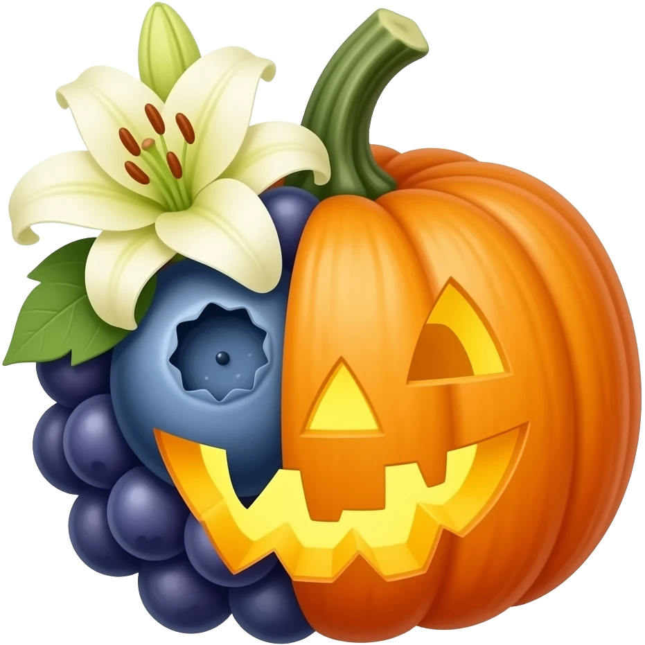 Blueberry and grapes and peach and pumpkin and a flower lily  combined  into one fruit emoji