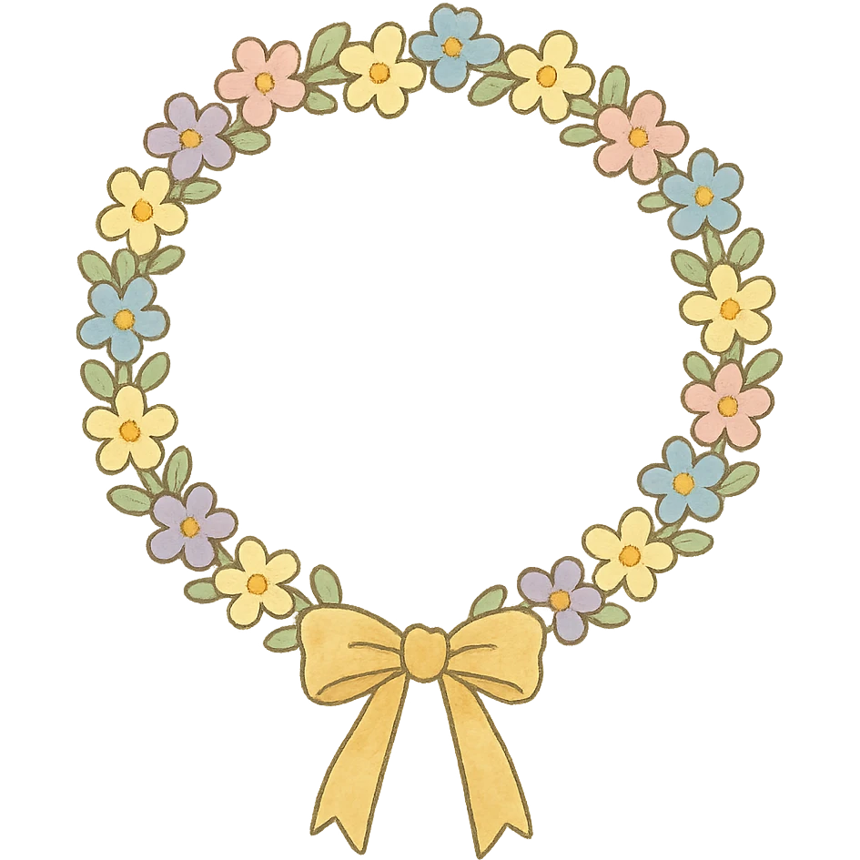 a floral wreath made of small pastel flowers with a gentle bow, Japanese hand-drawn, full object, transparent background emoji