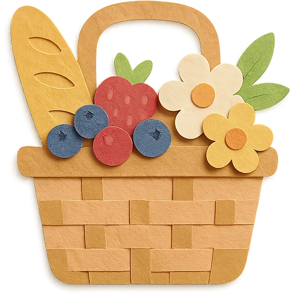 a picnic basket with berries, bread, and flowers, warm pastel shades, paper craft style emoji