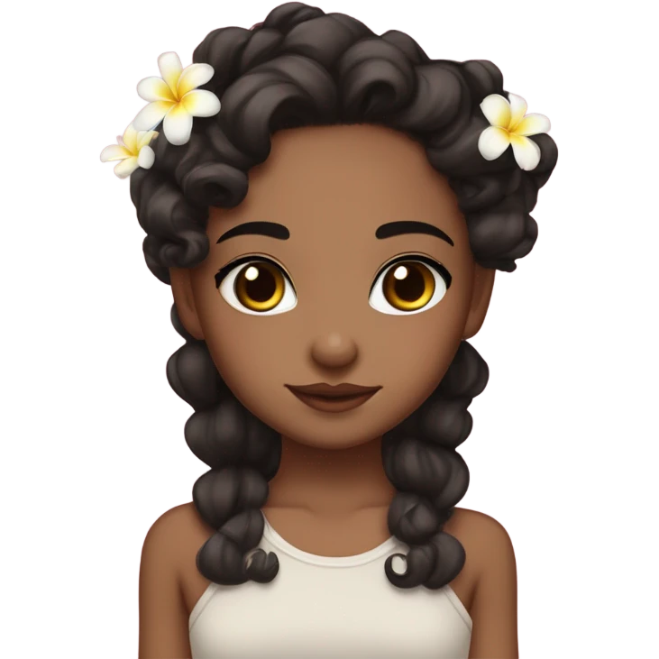 cute wheatish complexion girl with deep brownblack curls, with plumeria flower clip in her hair and bright doe eyes and straight thick brows and cherry l emoji