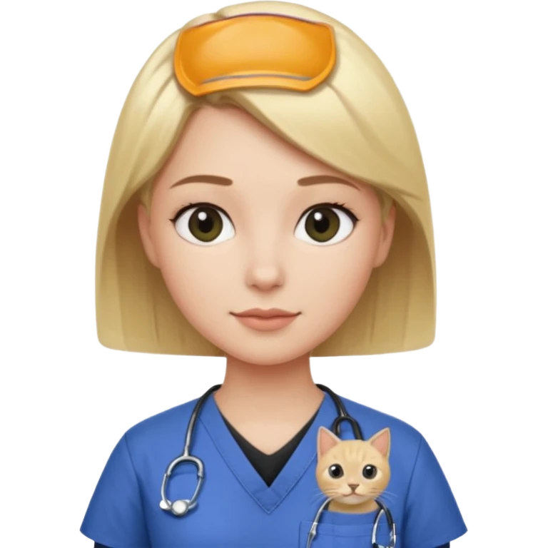 Woman with short blonde hair wearing scrubs with black cats on the top emoji