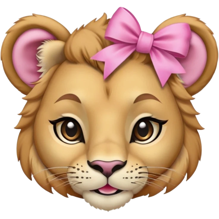 A young lioness with a pink bow on the right side of her head, feminine face, long lashes, and a confident smile emoji