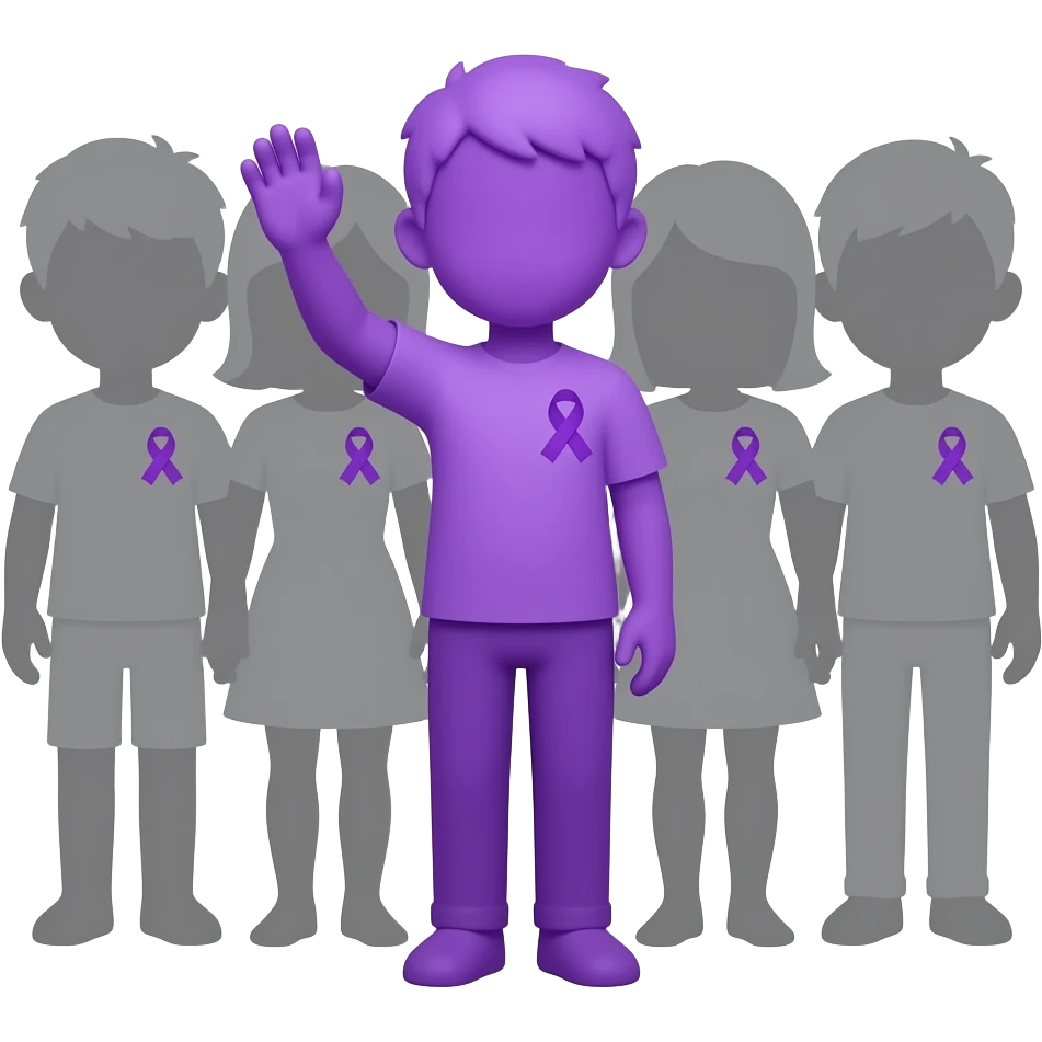 iOS-style emoji: group of human silhouettes (boys and girls) taking a photo, each wearing a small purple ribbon for fibromyalgia awareness, with one silhouette fully purple standing out, soft gradients, cute and minimal, transparent background emoji