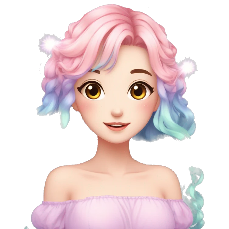 Gorgeous Beautiful Blushing Petite Colorful-Shiny-Pastel-Fairy-Soarkle-Anime-Girl with beautiful gradient pastel hair aesthetic emoji