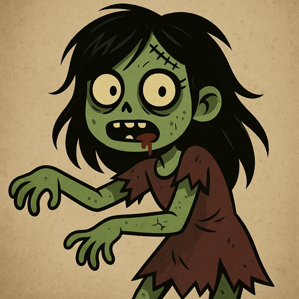 zombie girl, black hair, cartoon style, greenish skin emoji