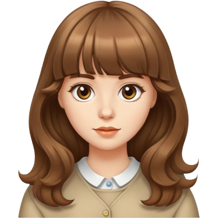Caucasian girl with brown blunt bangs and big wavy hair emoji