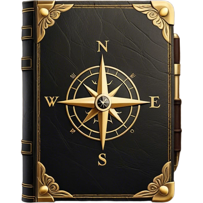 A black and gold book with an aged leather texture, embossed with an alchemical symbol, a compass, silhouette hand, exuding wisdom, mastery, and the relentless pursuit of greatness. - book on mastery  emoji