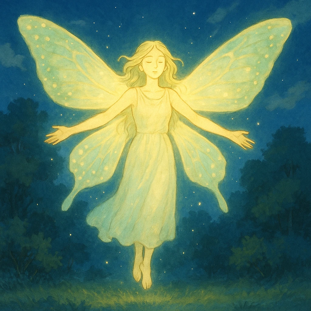 glowing ethereal figure with butterfly wings floating above the ground radiating energy and freedom dreamy fantasy style emoji