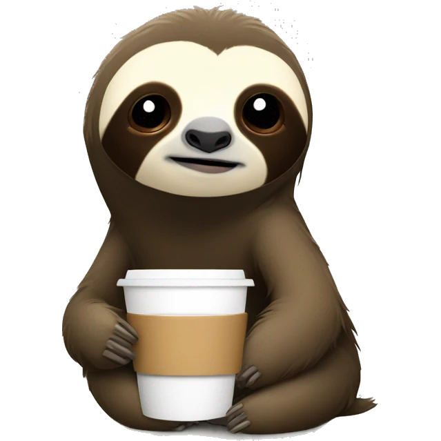 Cute sleepy Sloth in black turtleneck with coffee mug simple ios emoji
