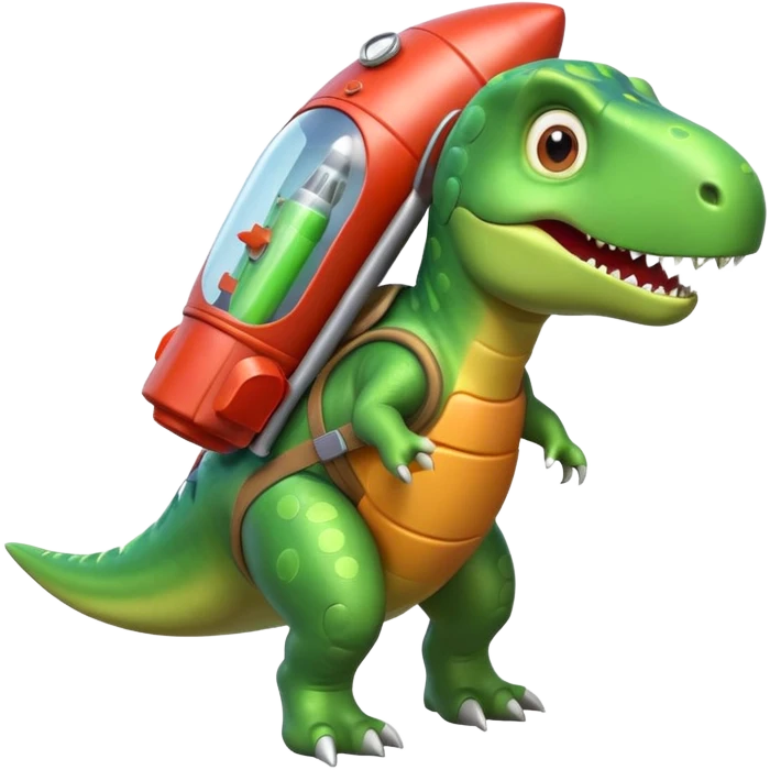 cute toy-like rocket-propelled dinosaur, rounded shapes, glossy texture, colorful rocket backpack, happy expression, 3D cartoon, mobile game icon style, clean background, no text, no watermark
 emoji