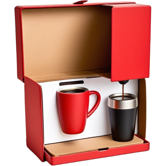 Gift box that going open with coffee portatile maker inside emoji