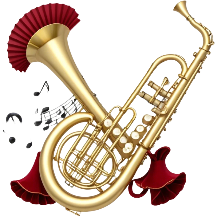 Create a festive and elegant emoji collage featuring a bouquet or fan of bells of wind instrument  (trumpets, saxophones, trombones, tubes, etc.) arranged in a radiant, symmetrical pattern. The instruments should have polished, golden and silver finishes, with their large, shiny bells forming a beautiful, fan-like display. Include a flowing ribbon of musical notes swirling through the center, conveying movement and melody. The background should feature a deep red velvet texture, adding a touch of luxury and sophistication. The overall composition should be balanced, with an elegant and regal feel, with a transparent background to keep focus on the instruments and musical elements. emoji
