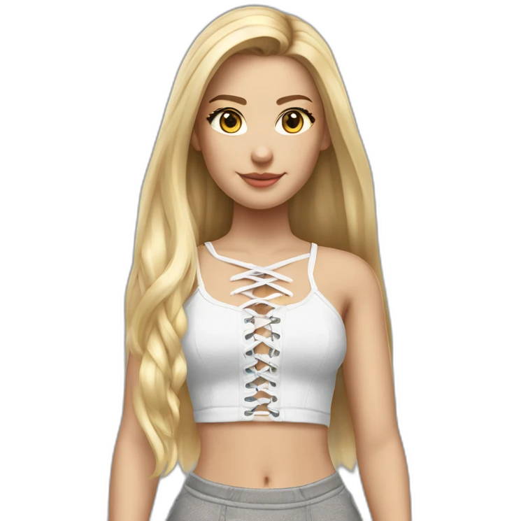 hyperrealistic caucasian female, long straight blonde hair, white lace up crop top, grey mini skirt, body view emoji