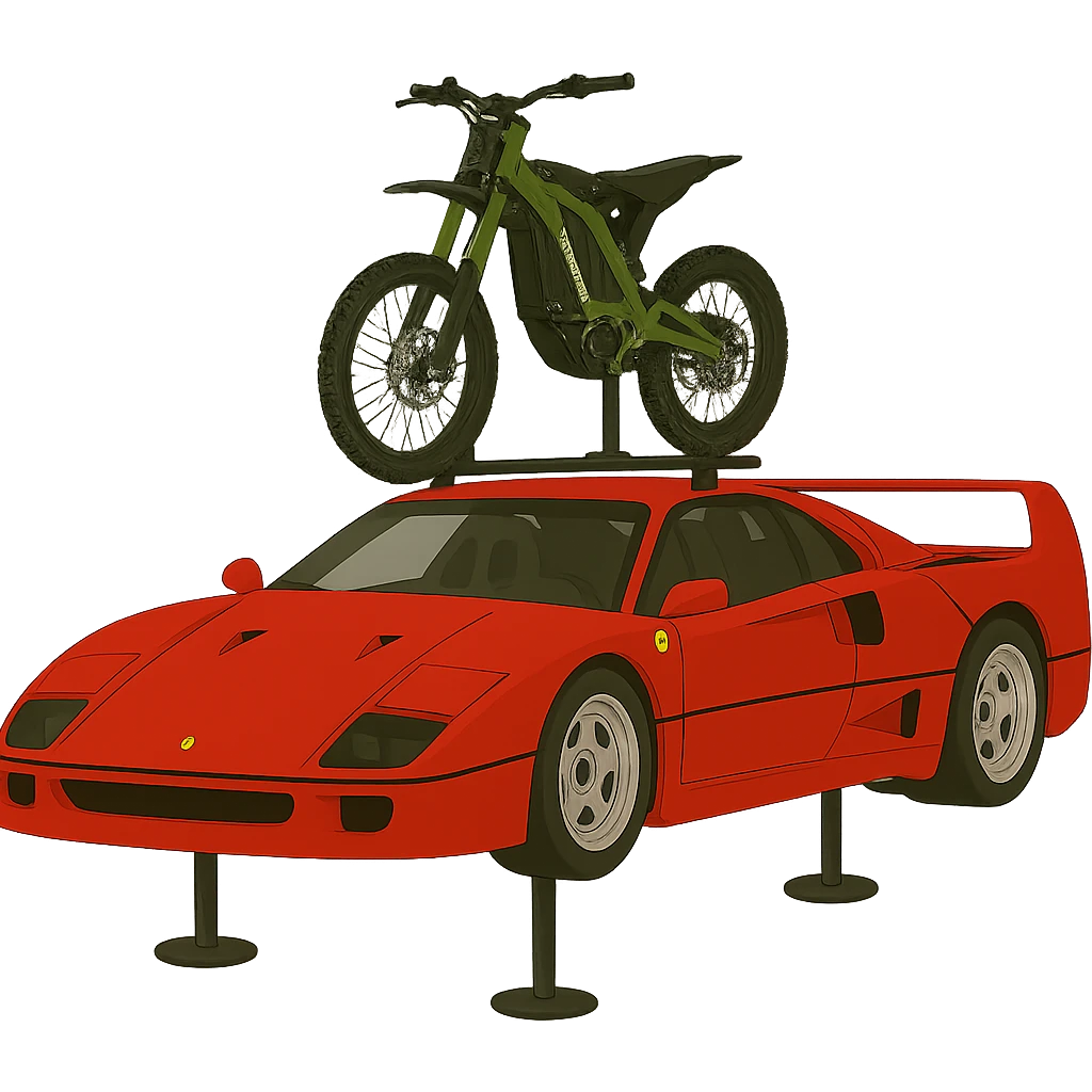 Replace the two bikes with one Sur-Ron electric bike with a green frame, mounted on the roof rack of the cartoonish Ferrari F40. Keep the background transparent. emoji