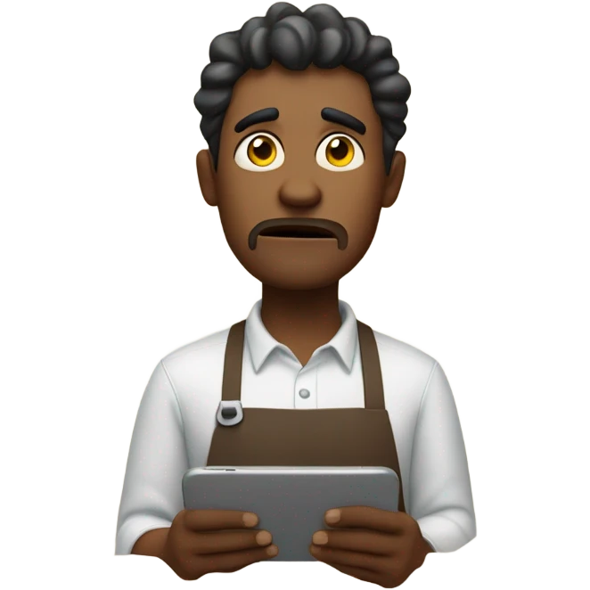 guy who with a frustrated face wearing an apron and scrolling through phone in a concentrated manner emoji