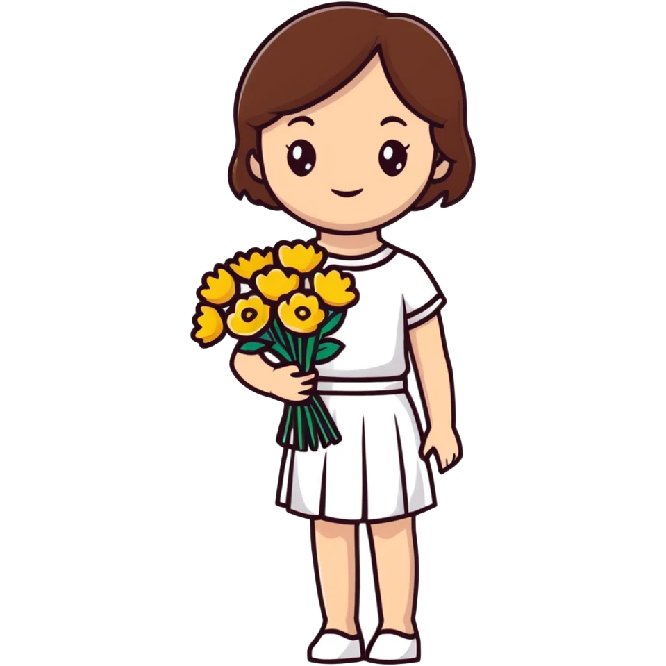 girl with brown hair wearing a white skirt holding a bouquet of flowers emoji