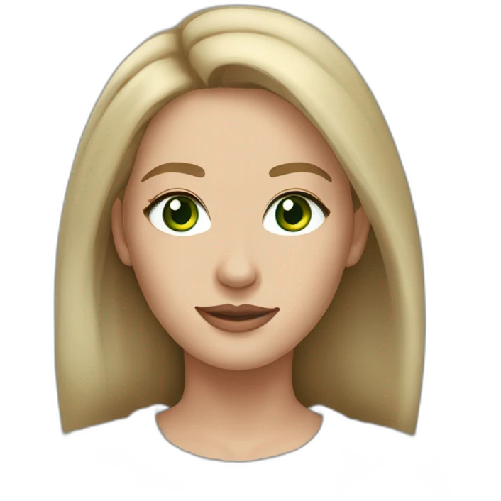 bronde woman with shoulderlenght hair, green eyes, long face, pale skin, silver earrings wearing a grey sweater emoji